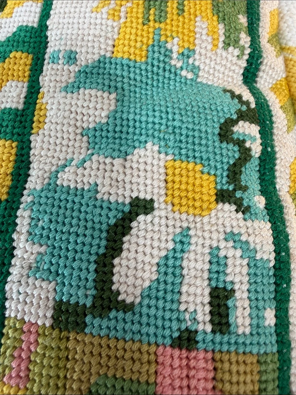 Vintage Needlepoint throw pillow Geometric Pattern w/floral botanical accents